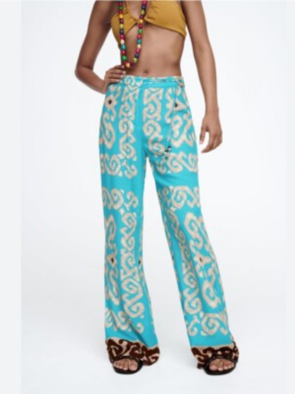 Zara Turquoise & Cream Wide Leg Pants